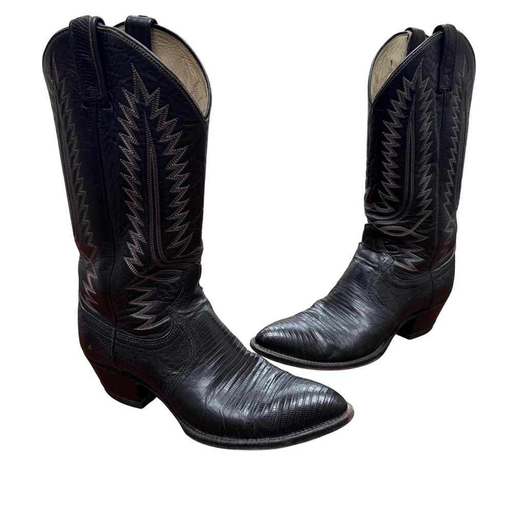 Dan Post Cowboy Boots Mens 8 D‎ Black Deercow Lizard Skin Western El Paso 16750